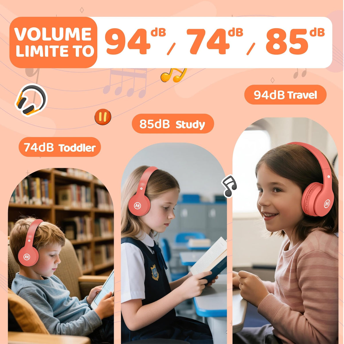 Mokata Headphones Coral dB button to switch safe listening levels.