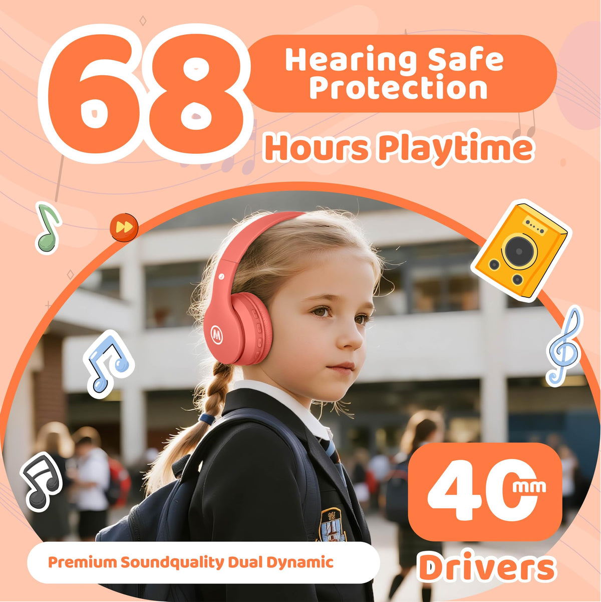 Mokata Kids Headphones Coral wired mode for uninterrupted listening when Bluetooth isn't available.