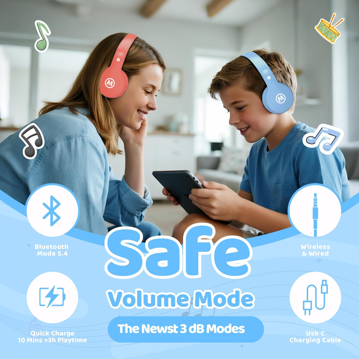 Mokata kids headphones folded compact blue for easy storage