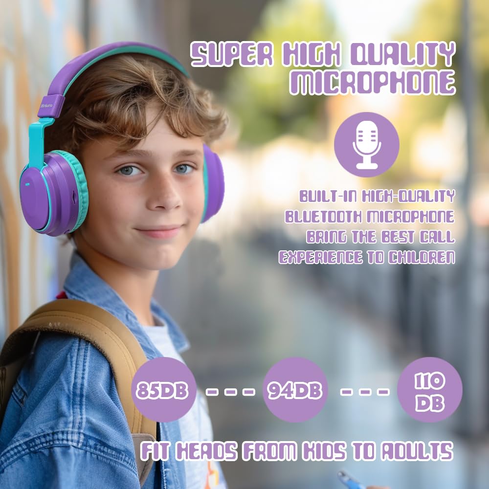 Mokata Kids Headphones purple built‑in mic for easy calls during remote classes