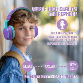 Mokata Kids Headphones purple built‑in mic for easy calls during remote classes