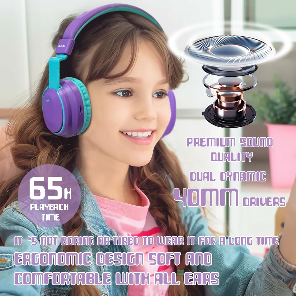 Mokata Kids Headphones purple volume limit button for age‑appropriate listening