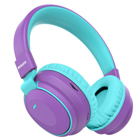 Mokata Kids Headphones in purple showing wireless connection and safe listening on the go