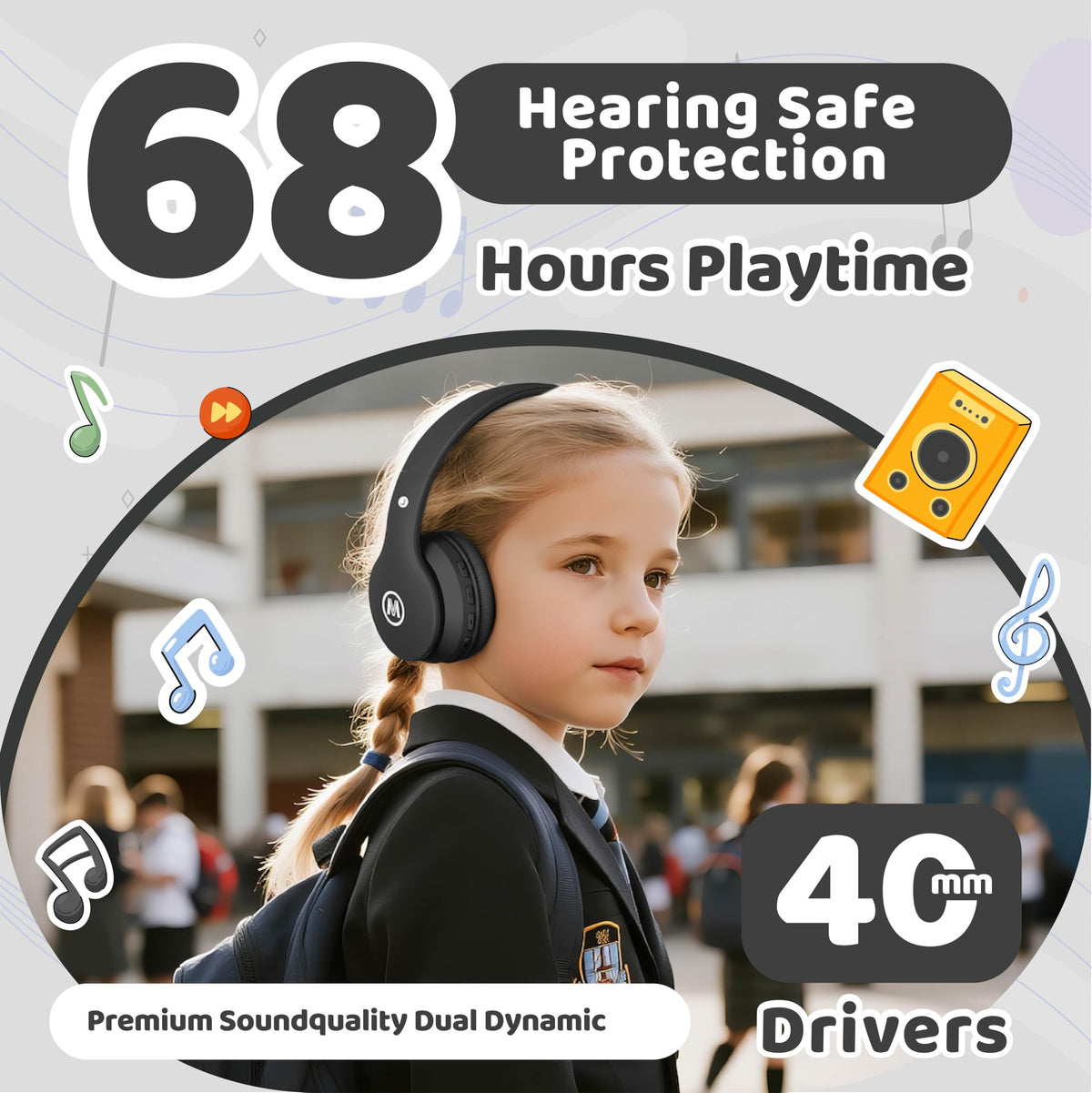 Mokata Kids Headphones soft ear cushions provide gentle pressure and long-lasting comfort.