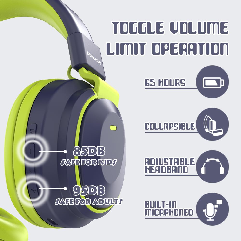 Mokata Kids Headphones wired mode with 3.5mm jack for backup playback