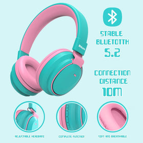 Mokata Kids Headphones worn by a cyan colored kid for comfortable listening.