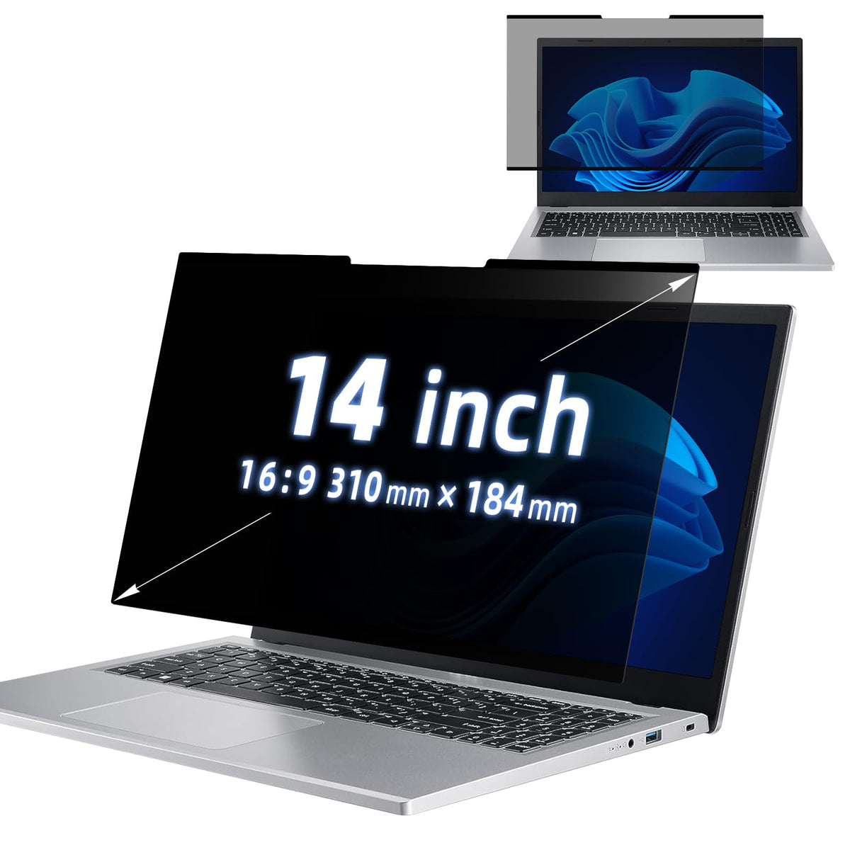 MokaZii front view of 14-inch privacy screen showing clear frontal image and privacy effect