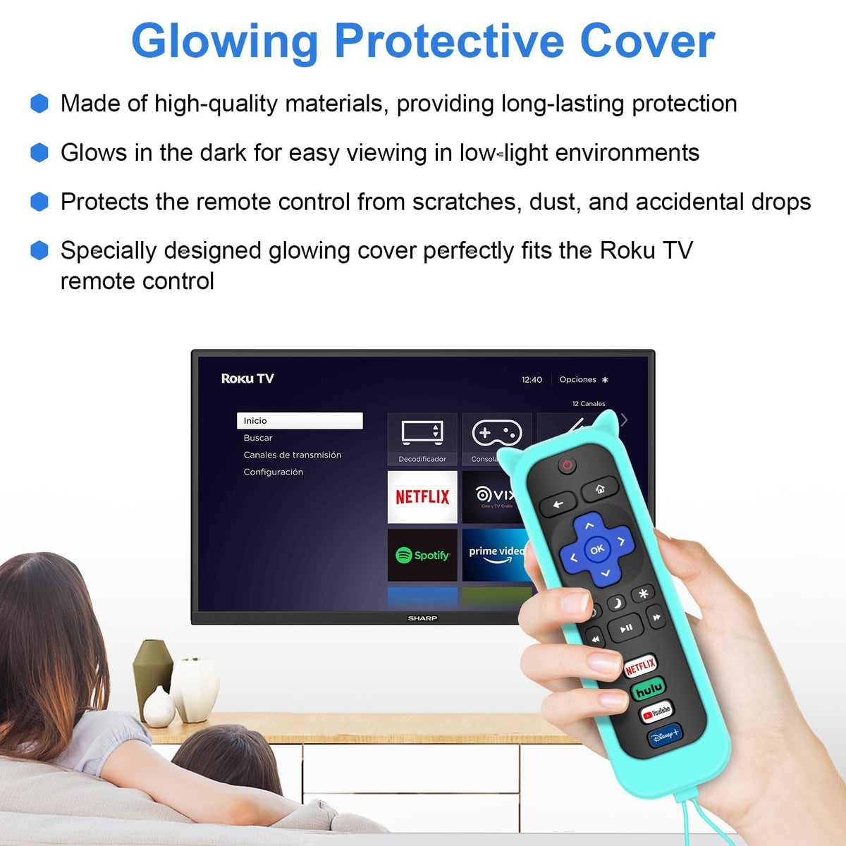 Glow-in-the-dark cover on blue MOKEMAKE remote helps locate it at night.