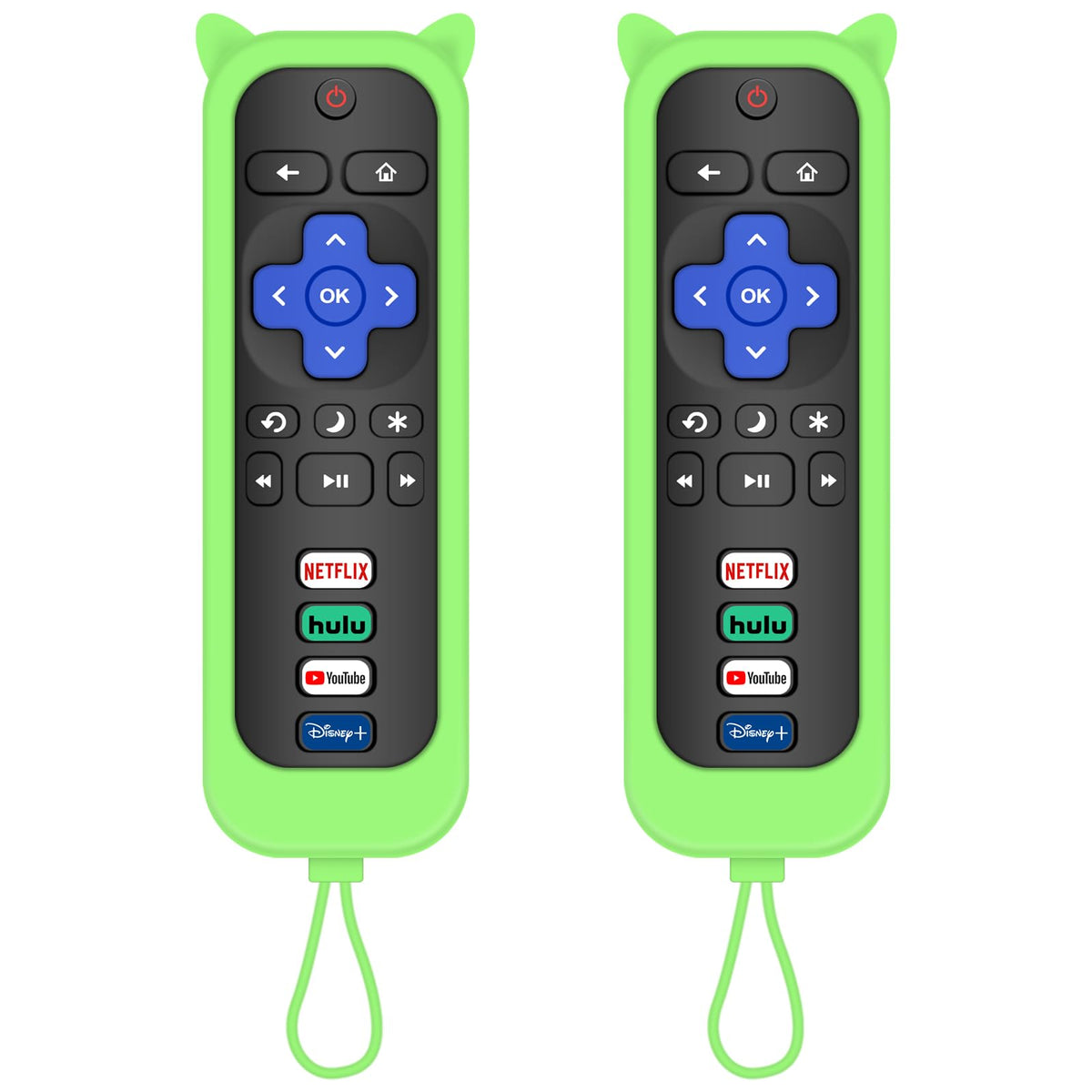 MOKEMAKE Onn Roku remote front view with glow cover for night visibility.