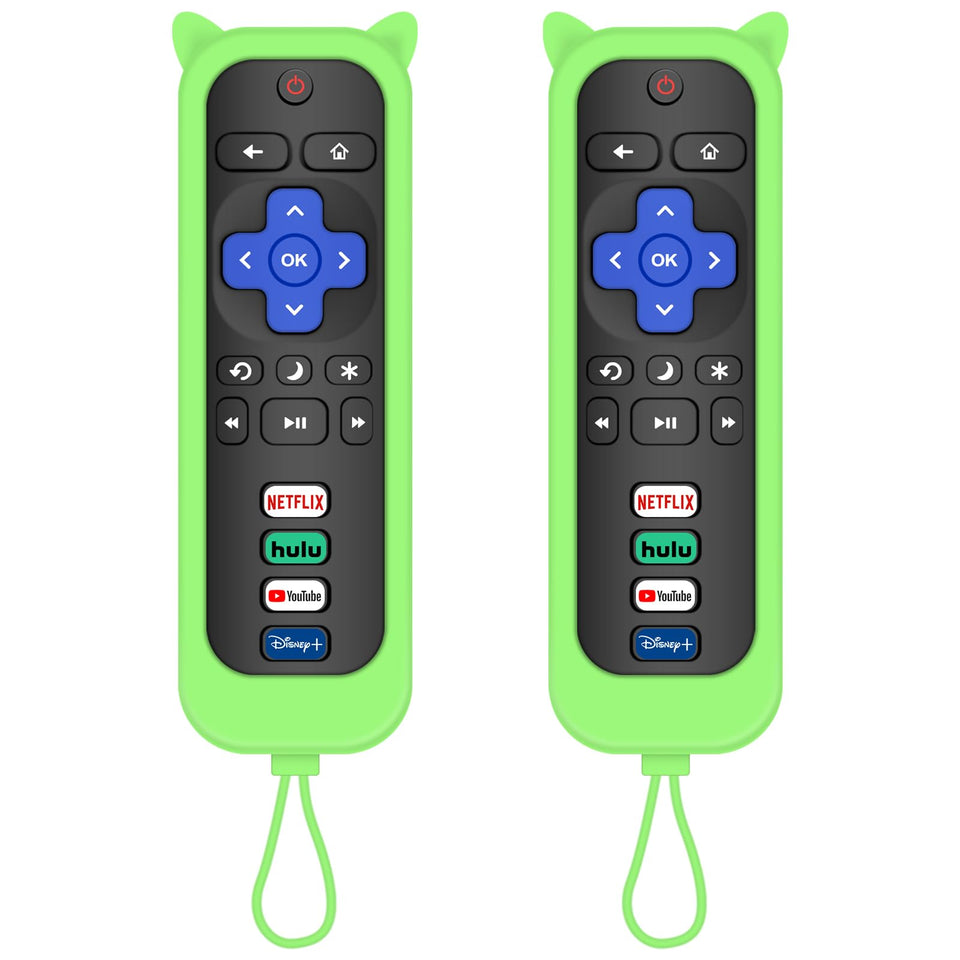 MOKEMAKE Onn Roku remote front view with glow cover for night visibility.