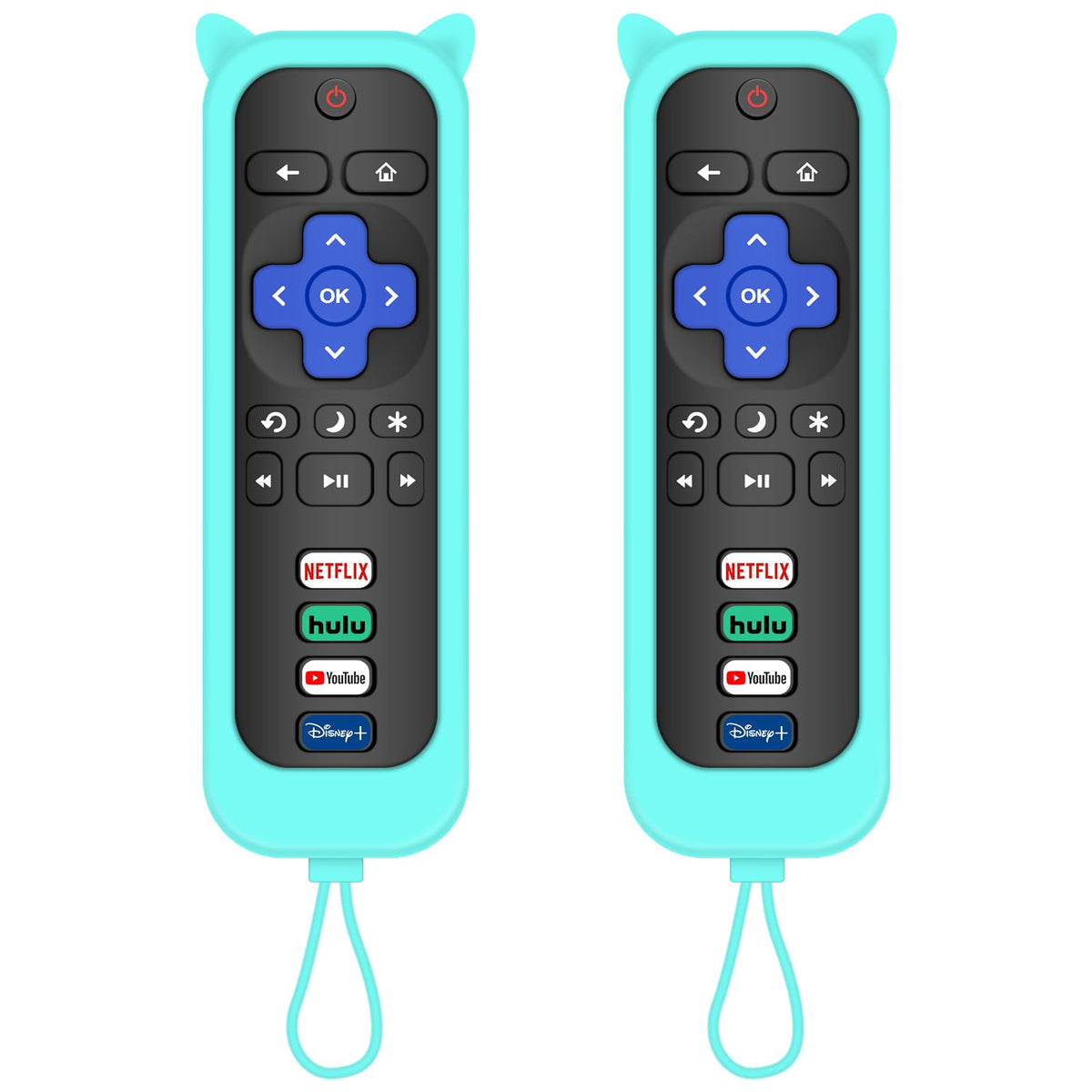 MOKEMAKE blue Roku remote front view with glow cover for easy night visibility.