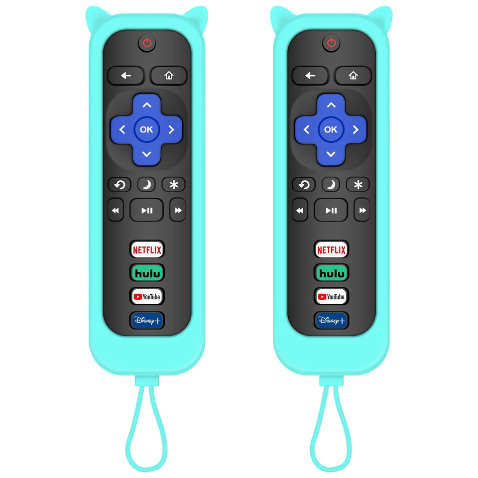 MOKEMAKE blue Roku remote front view with glow cover for easy night visibility.