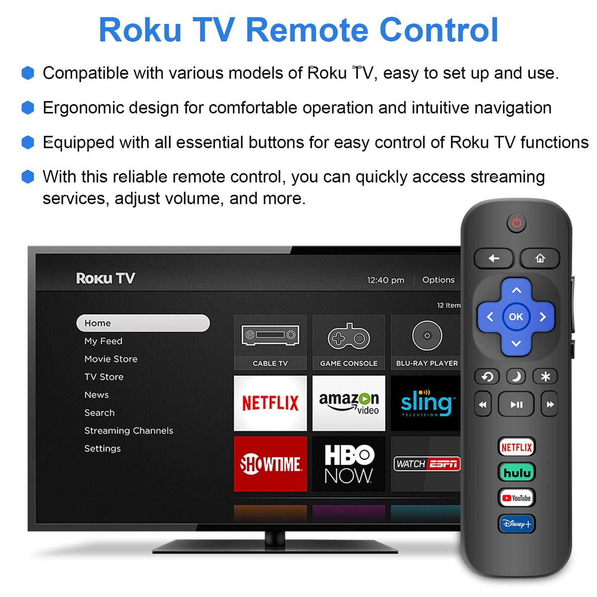 MOKEMAKE blue Roku remote side view highlighting four shortcut buttons for quick access.