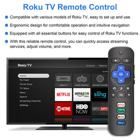 MOKEMAKE blue Roku remote side view highlighting four shortcut buttons for quick access.