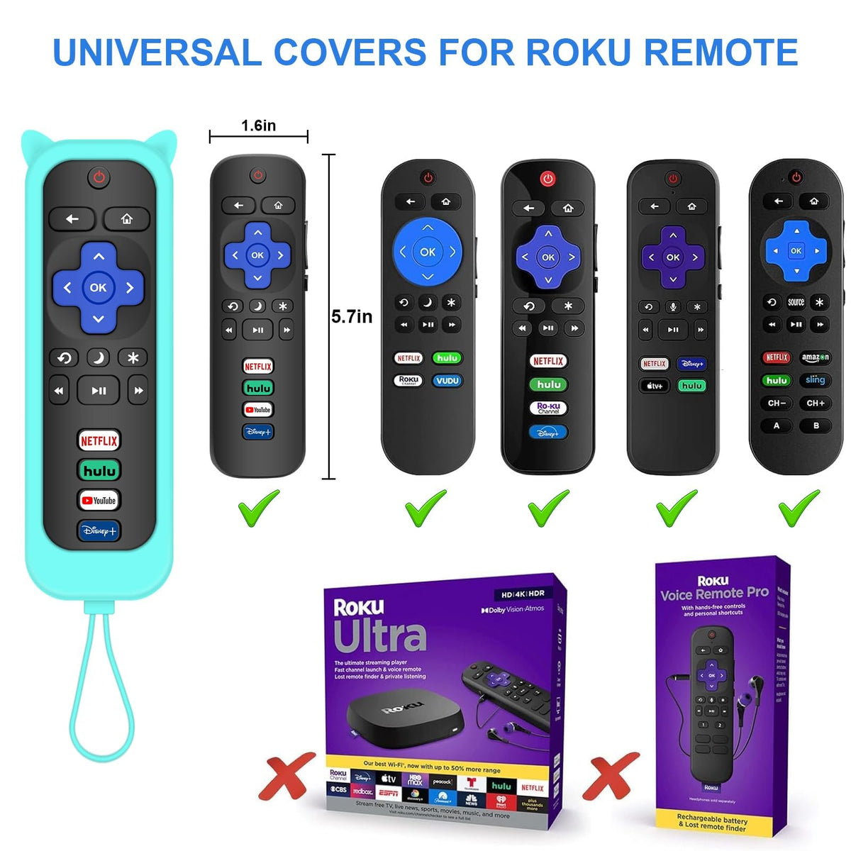 MOKEMAKE blue Roku remote compatible with a wide range of Roku TVs from TCL and more.
