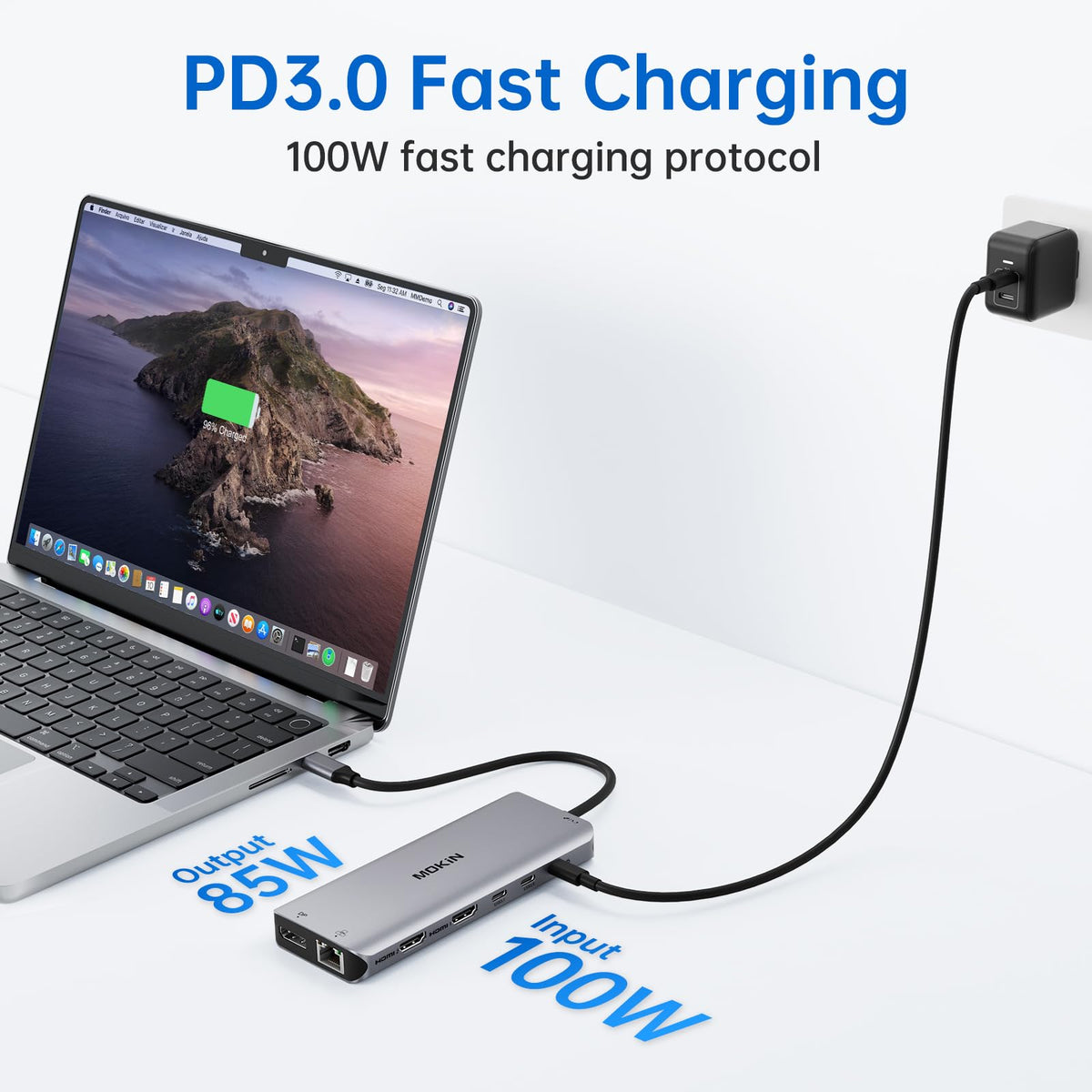 MOKiN Ethernet and USB-C power detail ensuring reliable network and fast 85W laptop charging