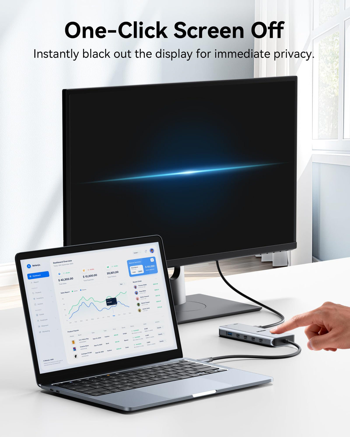 MOKiN docking station with RJ45 connected, ensures stable gigabit network performance