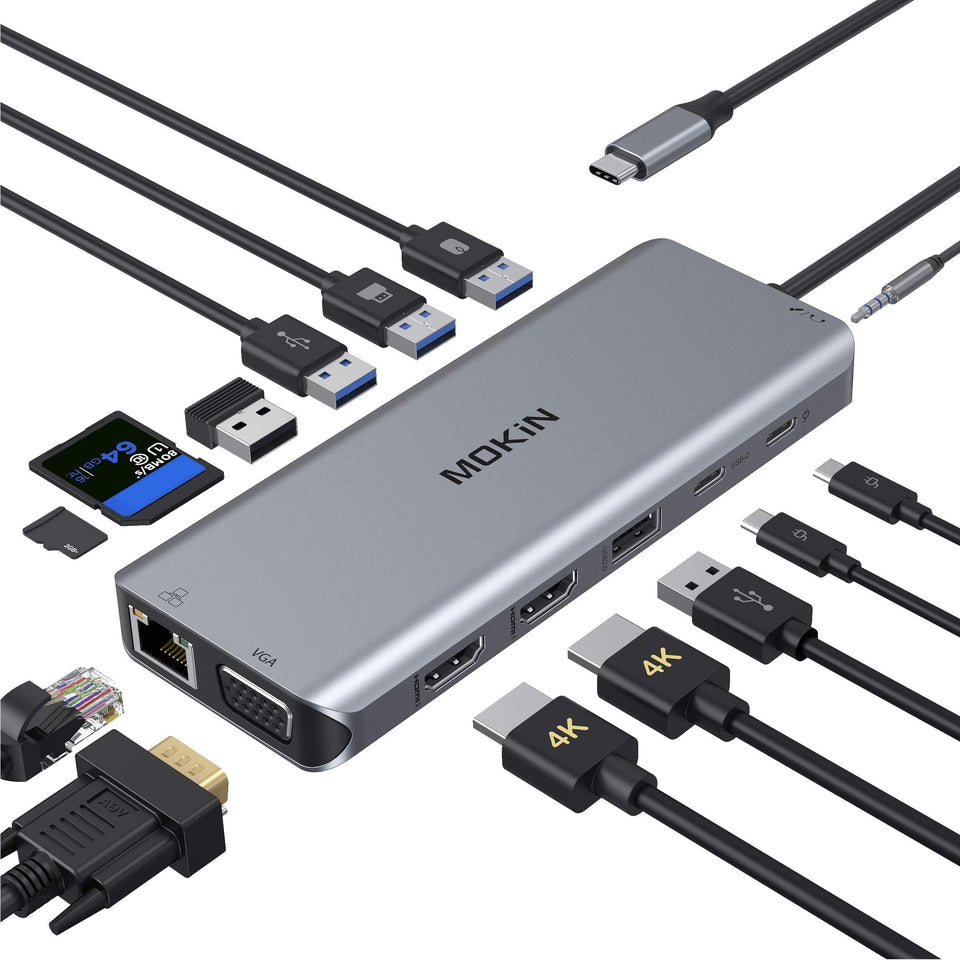 MOKiN docking station front view showing all ports and compact design for desk organization