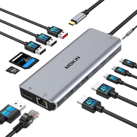MOKiN docking station front view showing slim housing and ports for versatile workstation