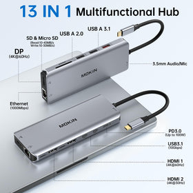 MOKiN close-up of ports highlighting HDMI, DP, USB and card slots for fast connectivity