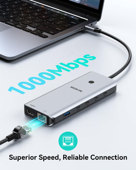 MOKiN power-delivery USB-C inlet close-up, charges laptop up to 100W efficiently