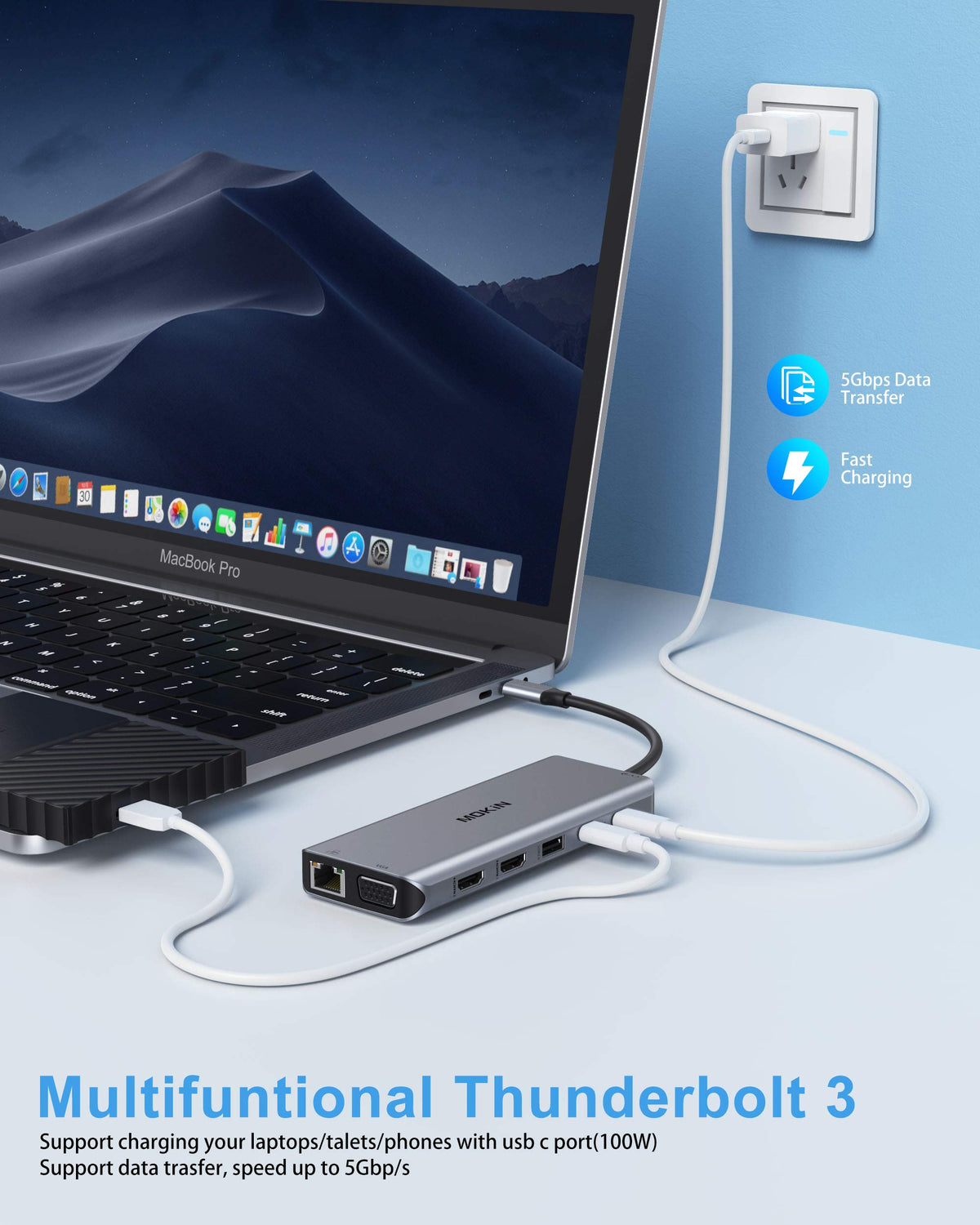 MOKiN power delivery USB-C port detail showing laptop charging capability during use