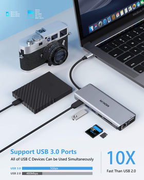 MOKiN docking station next to hand to show compact size and easy portability