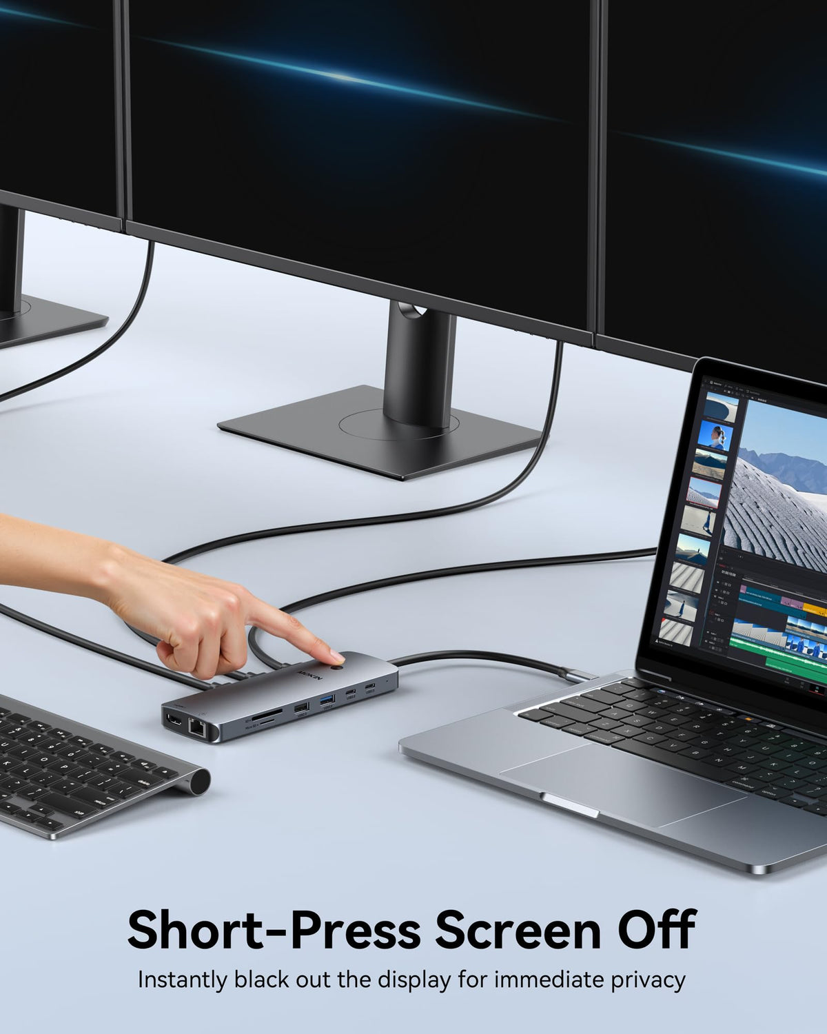 MOKiN connected to three monitors demonstrating multi-display productivity boost