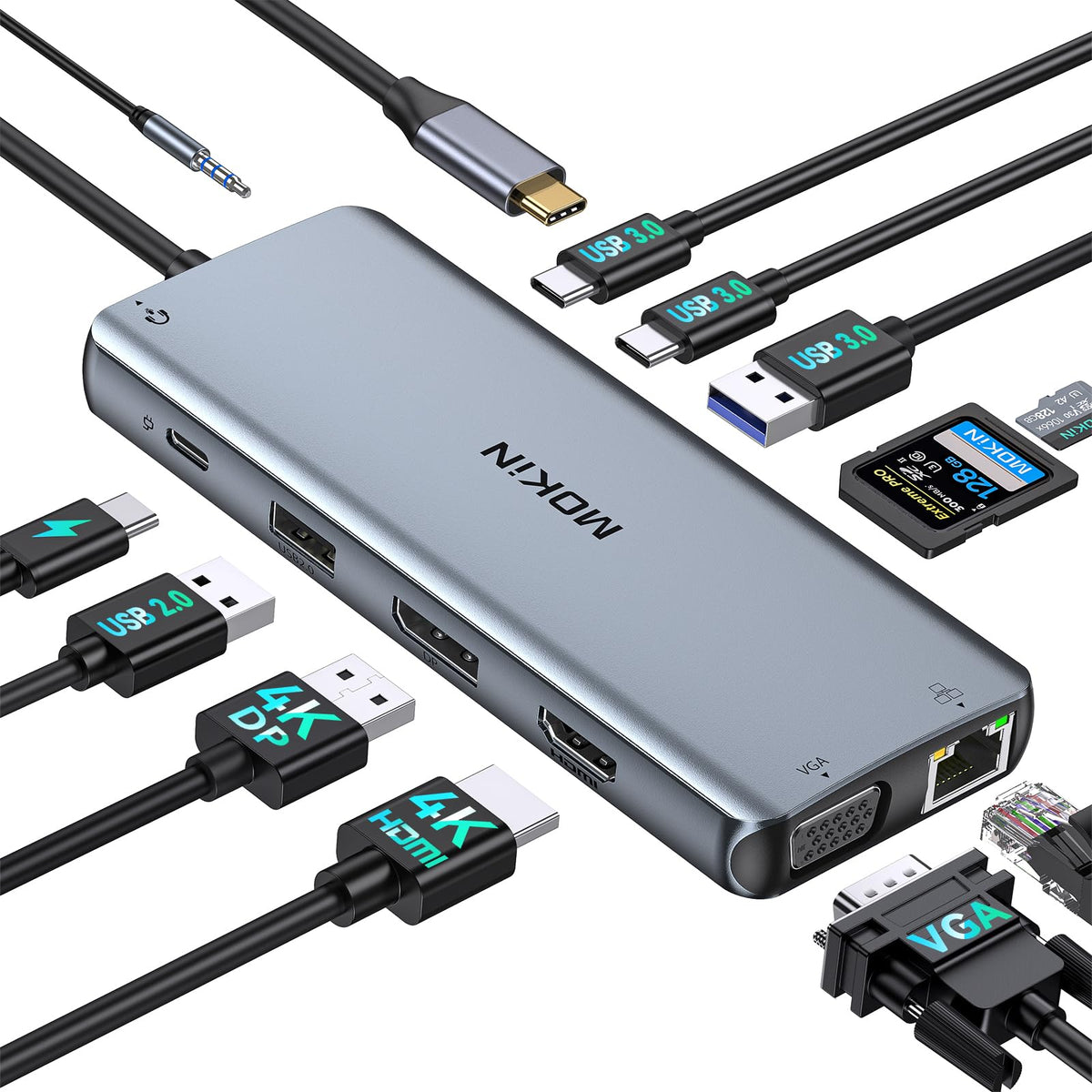 MOKiN docking station front view showing all ports and compact design benefit workspace organization