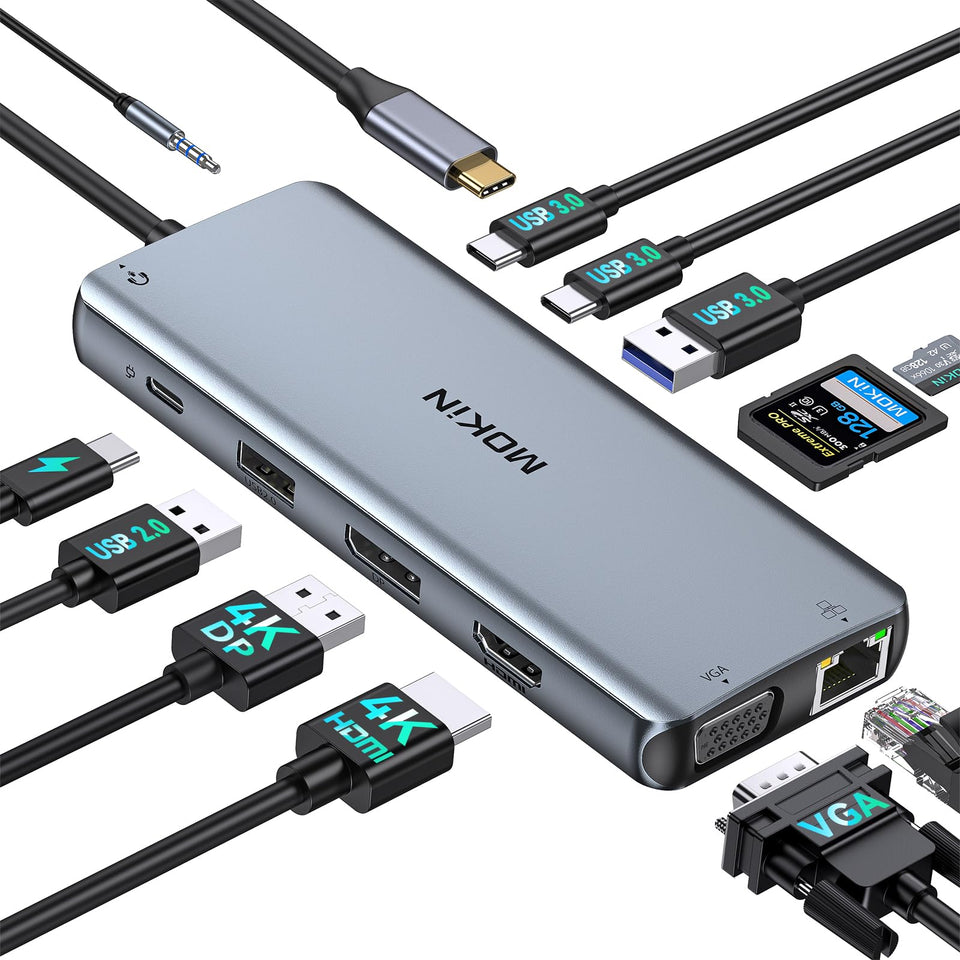 MOKiN docking station front view showing all ports and compact design benefit workspace organization