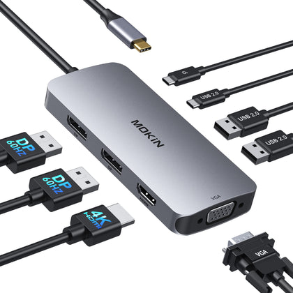 MOKiN docking station front view showing ports and compact design for desk organization