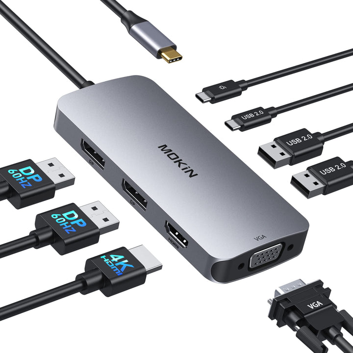 MOKiN docking station front view showing ports and compact design for desk organization