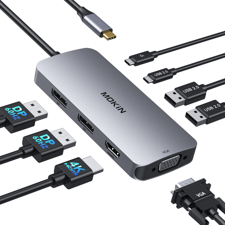 MOKiN docking station front view showing ports and compact design for desk organization