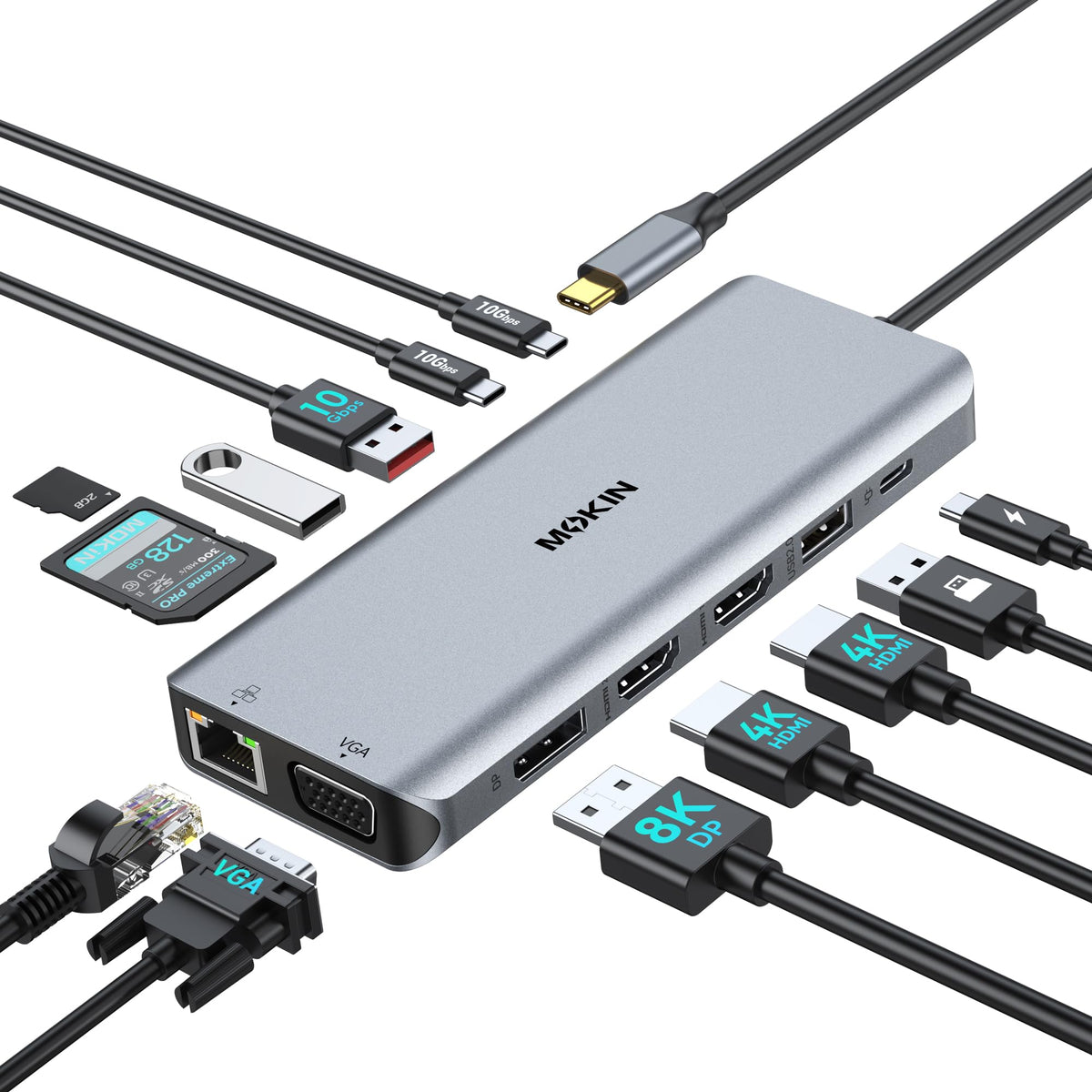 MOKiN docking station front view showing ports and compact design for tidy workspace