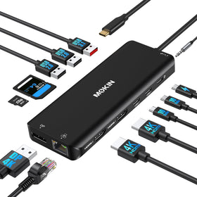 MOKiN front view of docking station showing ports and clean desktop benefit