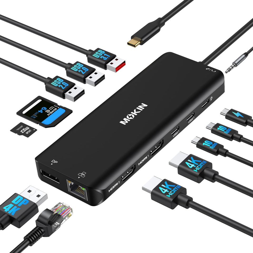 MOKiN front view of docking station showing ports and clean desktop benefit