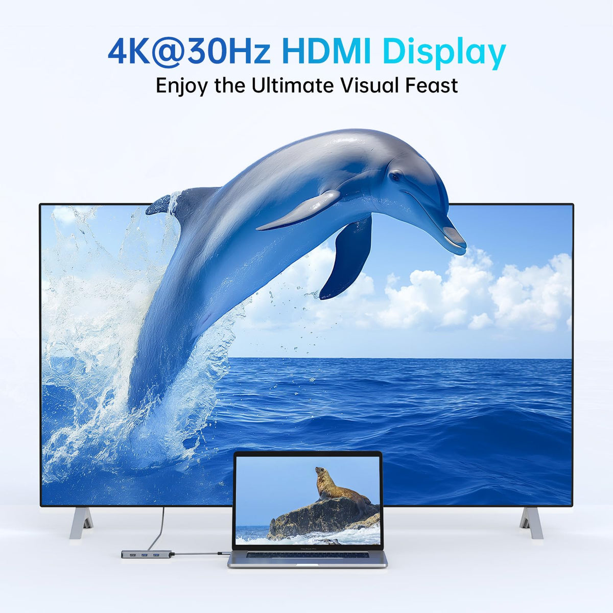 MOKiN hub hooked to monitor via HDMI delivering crisp 4K video output