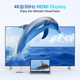 MOKiN hub hooked to monitor via HDMI delivering crisp 4K video output