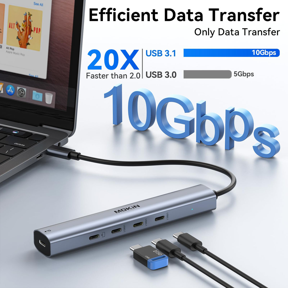 MOKiN hub powering and charging a laptop demonstrating 100W PD convenience