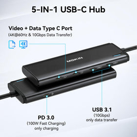 MOKiN hub top ports closeup highlighting USB‑C and PD port for fast access