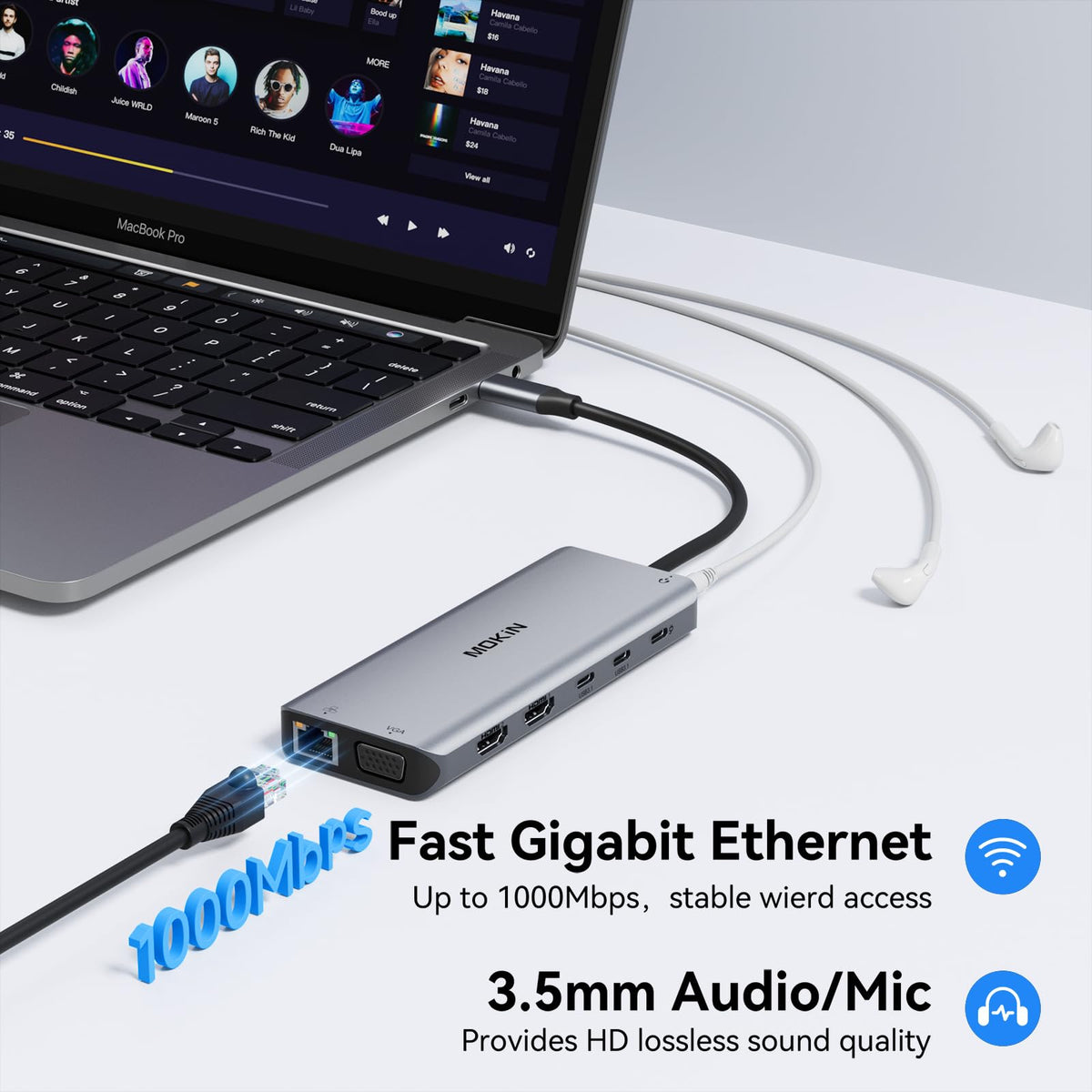 MOKiN docking station beside laptop to show compact scale and portability