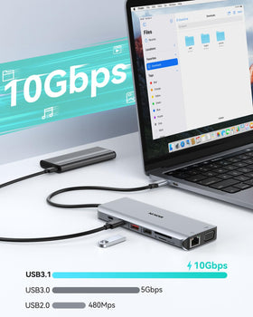 MOKiN side profile showing power delivery cable connected to provide laptop charging