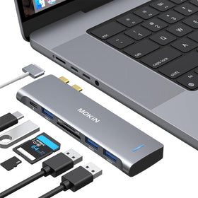 MOKiN USB-C 6-in-1 adapter for MacBook Pro/Air with aluminum finish and multiport versatility