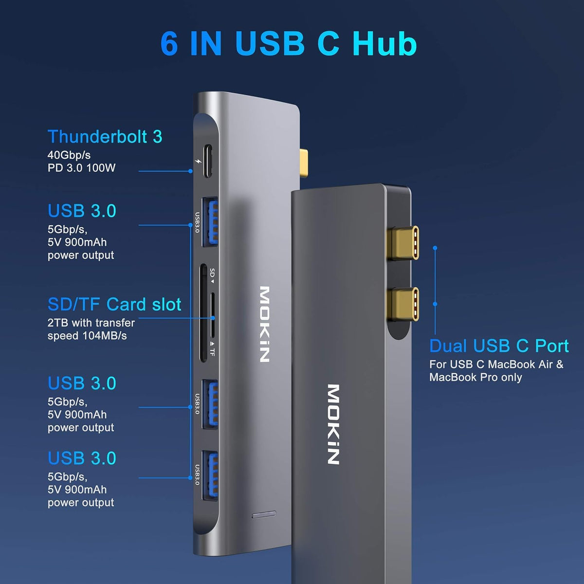 MOKiN USB-C hub with three USB 3.0 ports for fast device connections