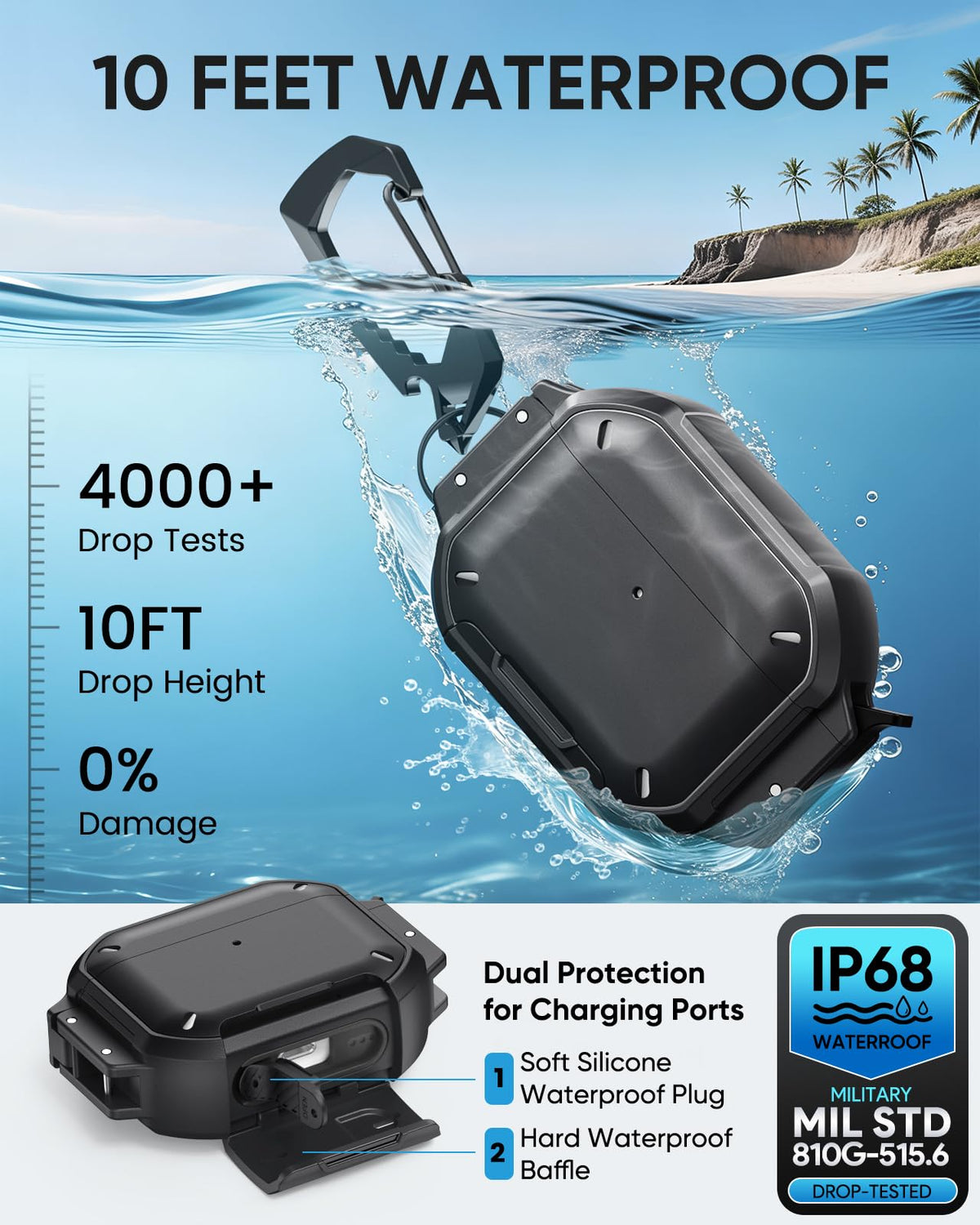 MoKo AirPods Pro 3 case demonstrating IP68 waterproof protection for rugged adventures.