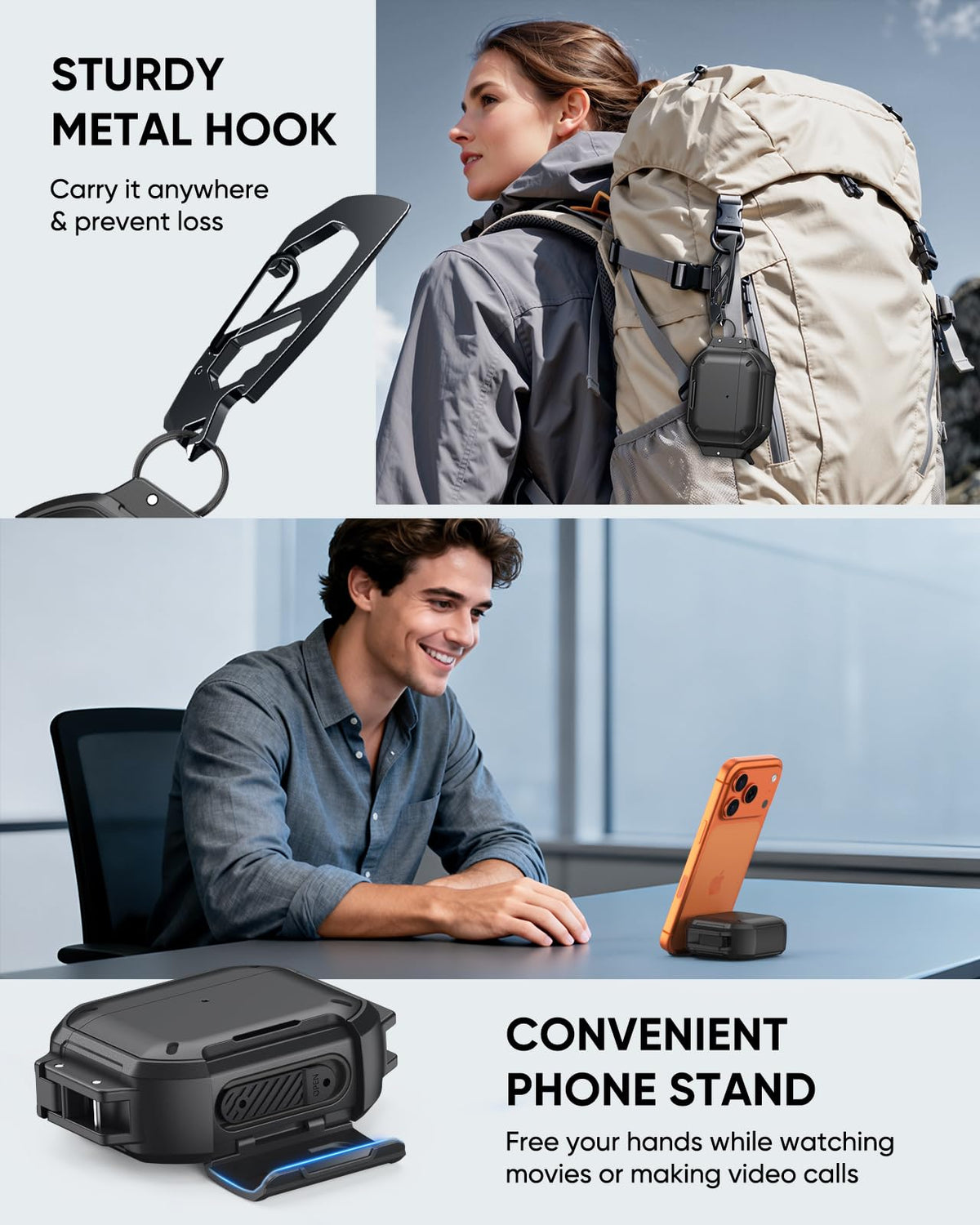 MoKo AirPods Pro 3 case with zinc alloy carabiner for secure clipping.