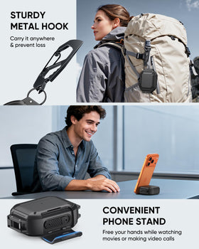 MoKo AirPods Pro 3 case with zinc alloy carabiner for secure clipping.
