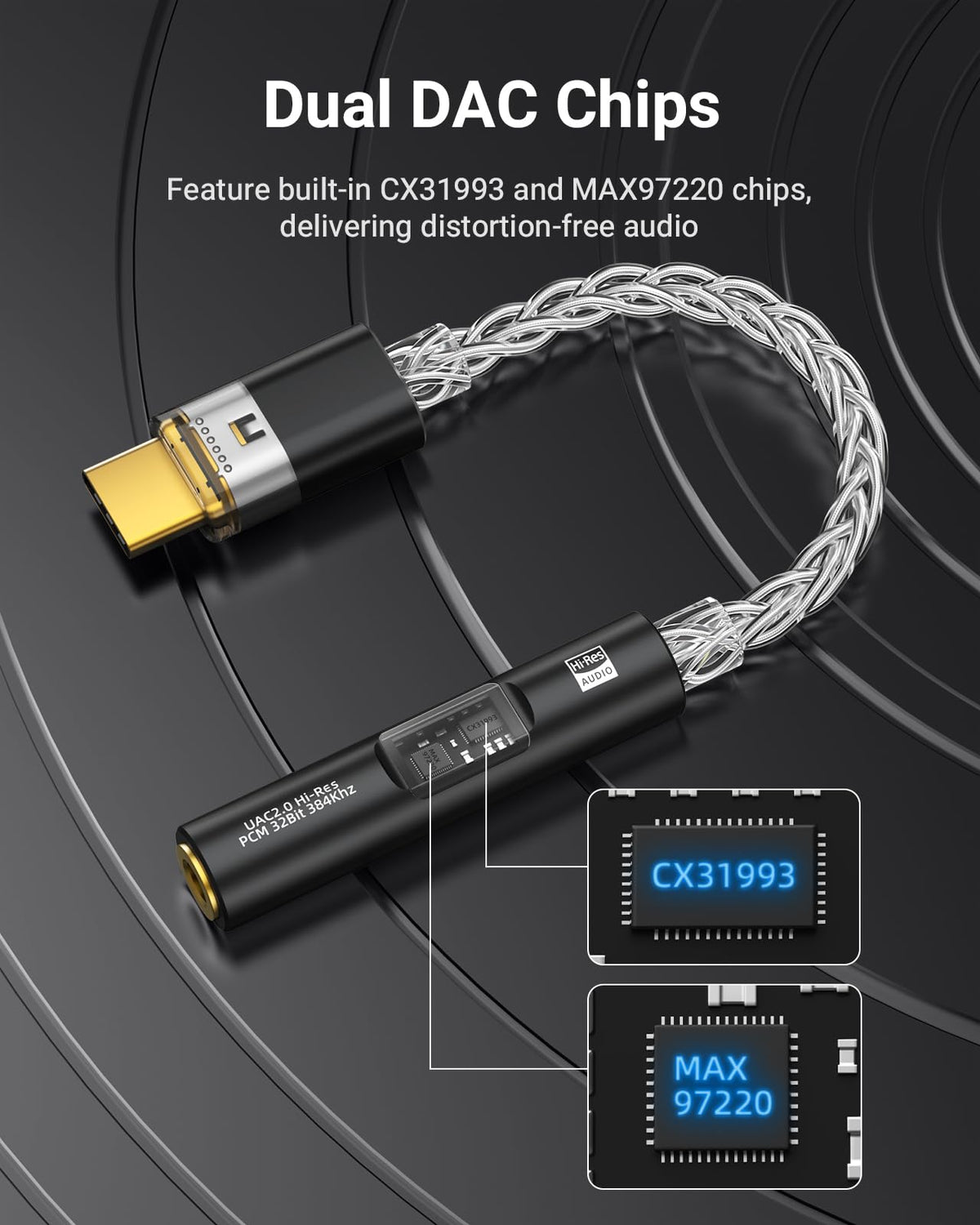 MoKo closeup transparent chip window revealing dual DACs for clearer audio