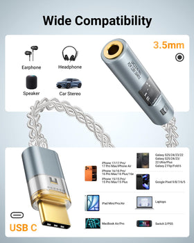 MoKo USB-C to 3.5mm adapter in use with headphones for plug-and-play listening.