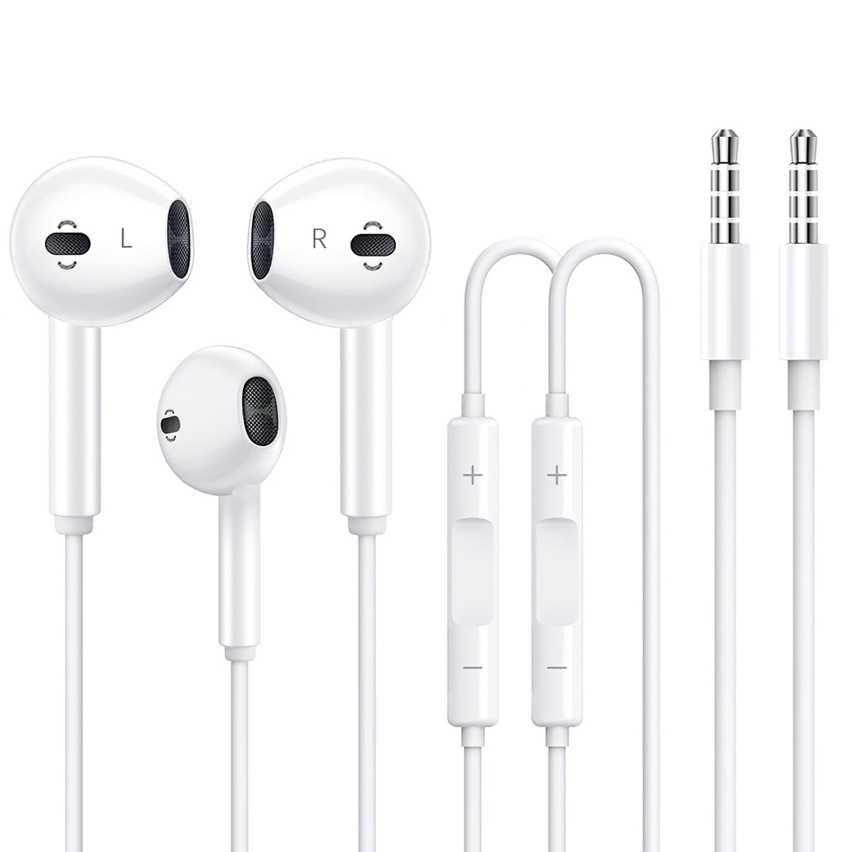 Mokories white earbuds front view showing clean design and reliable look